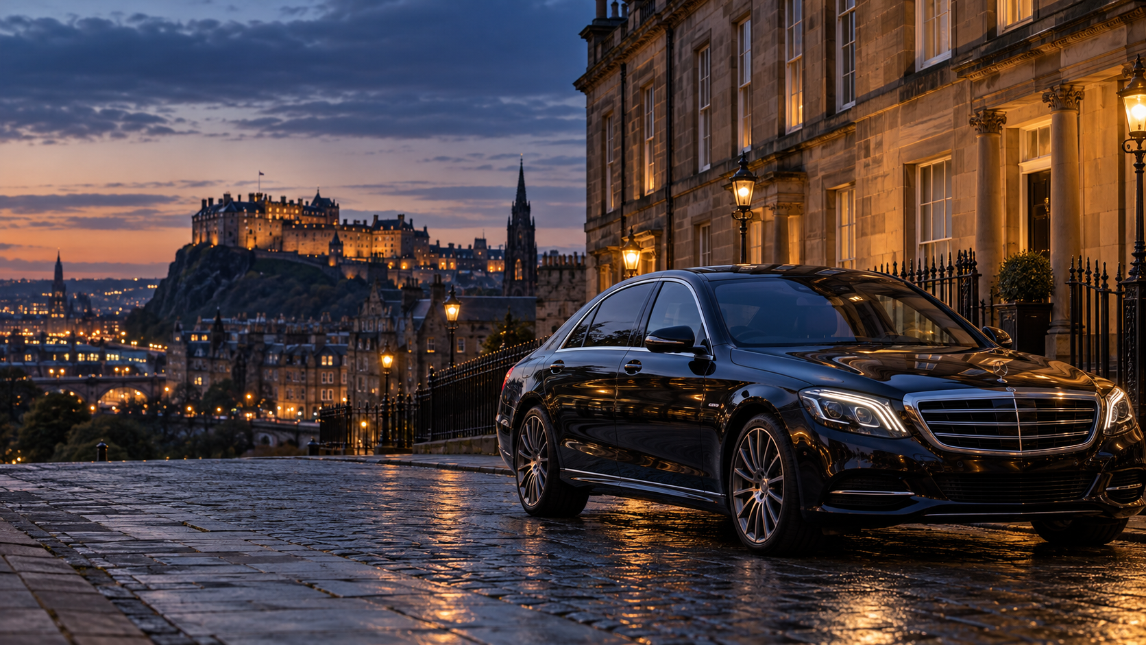 Illustrative luxury saloon on an Edinburgh street at dusk