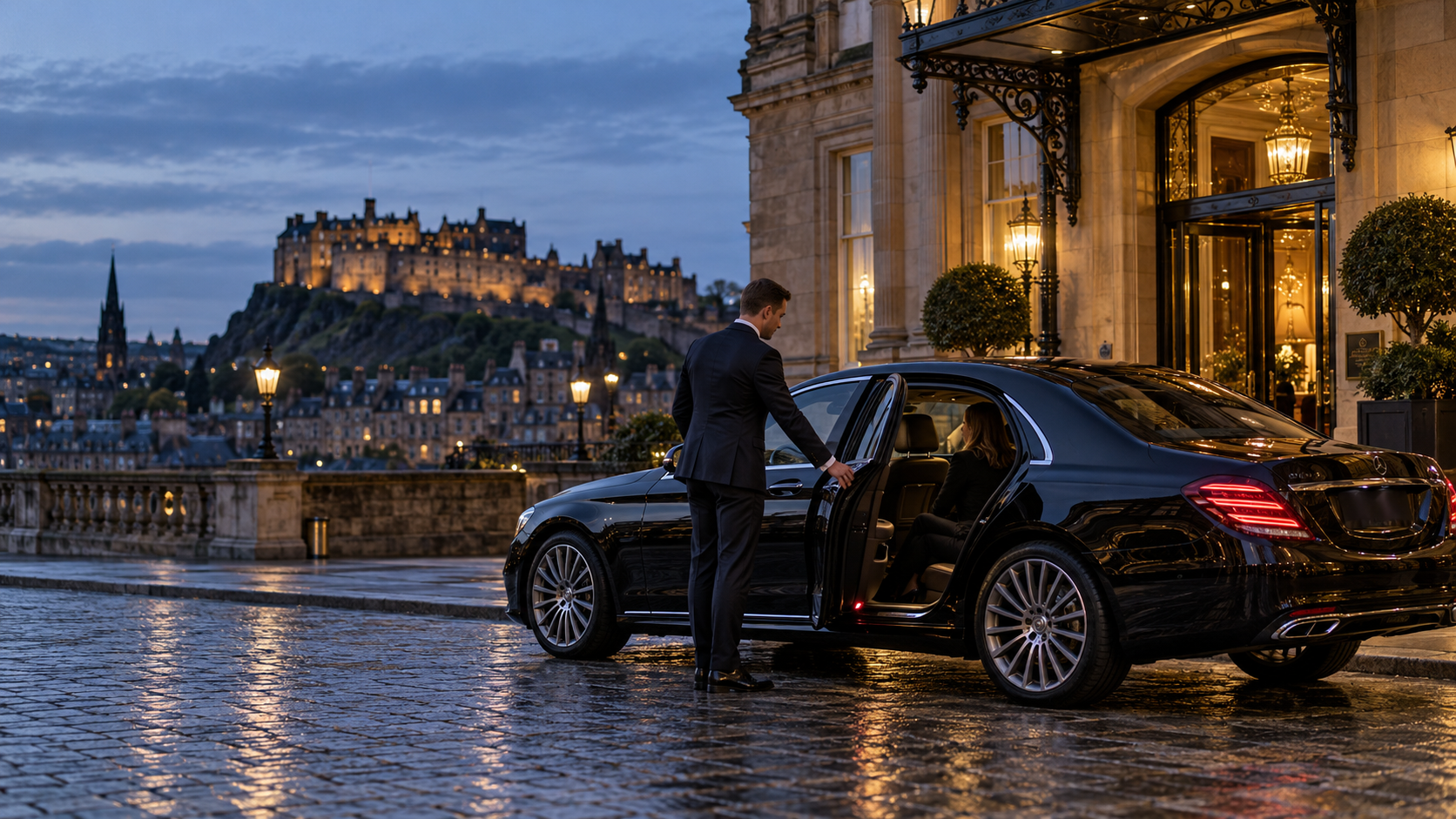 Illustrative chauffeur service outside an Edinburgh hotel at dusk