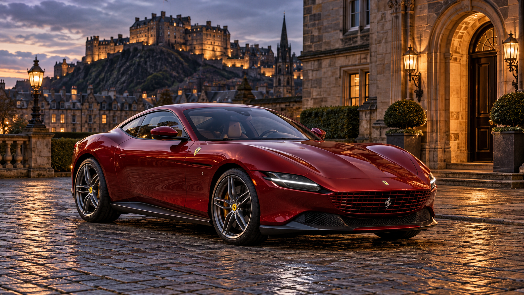 Illustrative Ferrari grand tourer outside an Edinburgh stone building