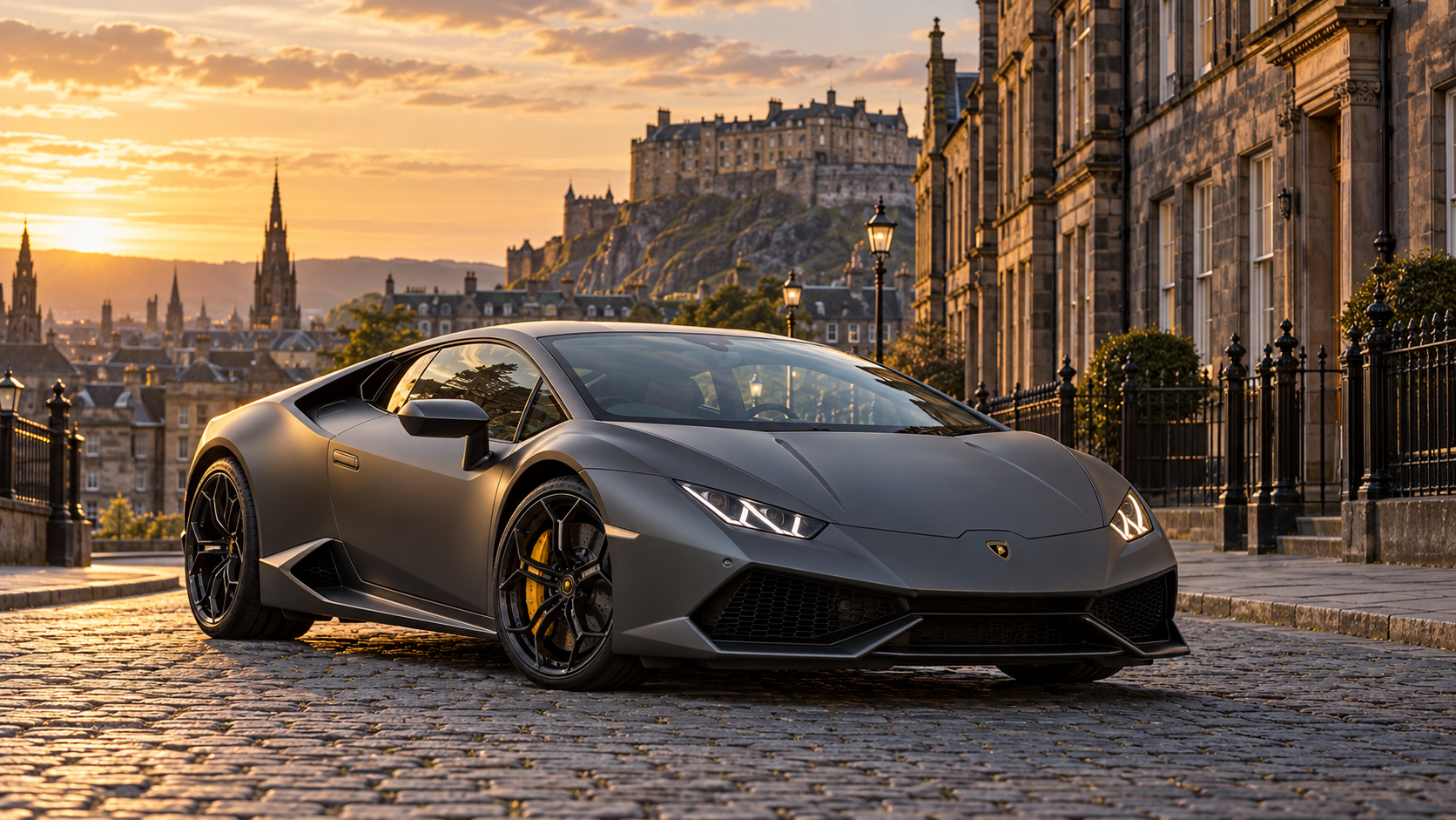Illustrative graphite Lamborghini sports car on a city street